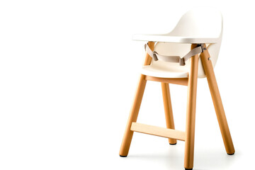 A modern high chair with a sleek white seat and wooden legs, perfect for babies and toddlers during mealtime.