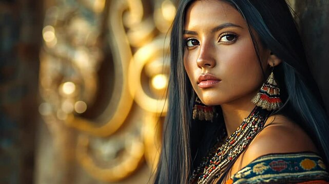 Mexican woman wearing tribal dress at ancient Aztec ruin 