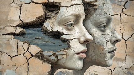 Water Wars. Dried-up lakes and cracked earth collaged with human and animal faces. Avant-garde, collage, ecology, water scarcity