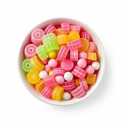  Bowl of Candies, Isolated on white background, flat lay 