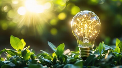 Illuminating Green Energy: A Glowing Light Bulb Nestled Amongst Lush Greenery Under the Warm Sunlight, Representing Sustainable Ideas and Innovation