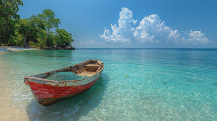 Naklejka premium Tranquil Scene of a Colorful Boat Anchored on a Sandy Beach Surrounded by Gentle Waves and Lush Greenery Under a Bright Blue Sky Creating a Peaceful Coastal Atmosphere
