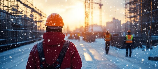 Construction worker walking on a snowy construction site in the winter.