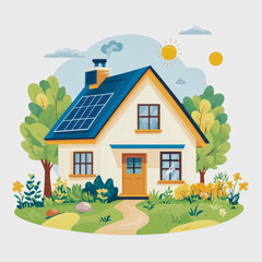 Eco Home Flat Icon with Solar Panels on Roof Sustainable Living Energy Efficiency Green Technology Design