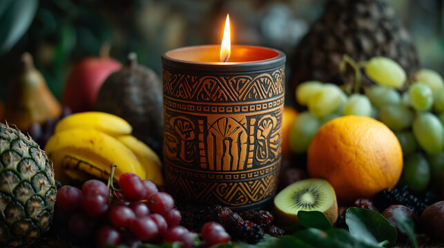 Unity Cup Ritual. A symbolic unity cup surrounded by fruit and traditional symbols. Kwanzaa, unity, celebration