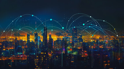 Fototapeta premium Smart digital city with connection cyber security network reciprocity over the cityscape . future smart wireless digital city and social media networking systems that connects people within the city