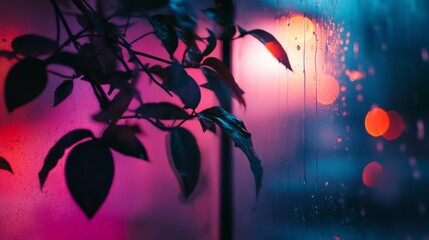 Silhouette of leaves against a colorful, vibrant neon background with bokeh lights.