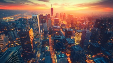 Obraz premium Stunning sunset over a vibrant city skyline urban landscape aerial view evening glow captivating atmosphere