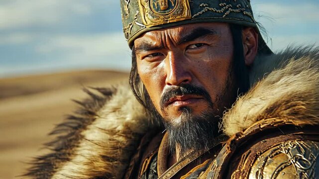 ancient warrior wearing fur cap and iron plate armor at grass field