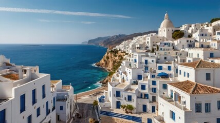 Fototapeta premium mediterranean sea travel background, Whitewashed buildings with blue shutters overlooking the Mediterranean coastline