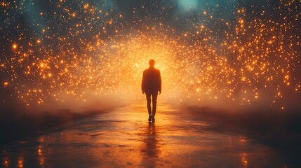 Silhouette Walking Through Sparkling Golden Lights