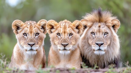 Obraz premium Proud lion family portrait; two cubs and father.
