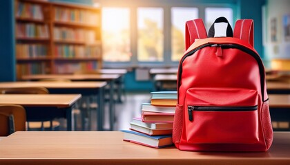 Red School Backpack with Books on the Table in Blured Class Room Background. Back to School Concept. Banner with Copy Space.