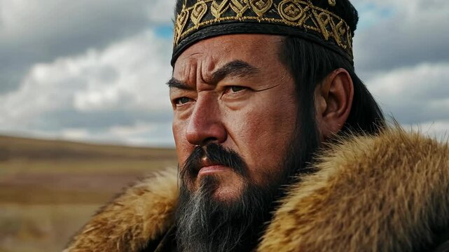 ancient warrior wearing fur cap and iron plate armor at grass field