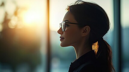 Businesswoman silhouettes idea. A thoughtful woman in glasses gazes toward a sunset, reflecting serene introspection.