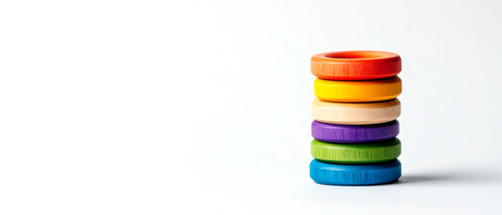 A stack of colorful rings arranged vertically, showcasing a vibrant spectrum against a minimalist background.