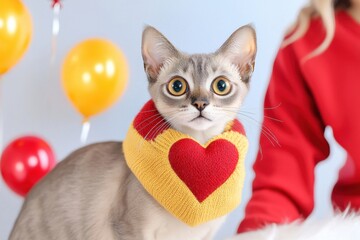 Valentine's theme matching cat and owner outfits concept. Adorable cat in a heart-patterned scarf with festive balloons in the background