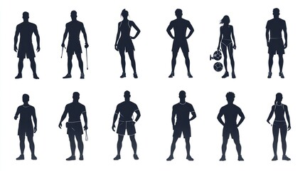 Silhouettes of Fitness Athletes: Diverse Workout Poses and Equipment