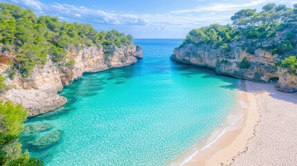 Fototapeta premium Secluded cove with turquoise water, white sand beach, and green cliffs under a sunny sky.
