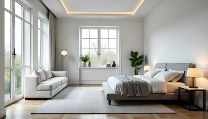 Fototapeta premium A modern and minimalist bedroom with a large window , a gray upholstered bed, a white sofa, and a patterned rug on the hardwood floor.
