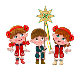 Children in Ukrainian folk costumes. Little happy children caroling on Christmas Eve. The kids are dressed in costumes with embroidery