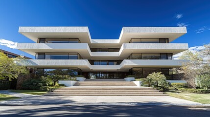 Fototapeta premium Modern white concrete residential building with a symmetrical tiered design and wide steps under a clear blue sky.