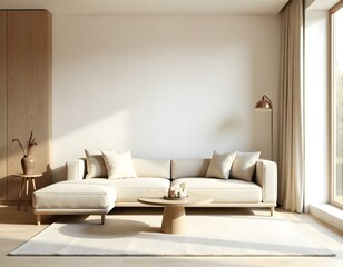 A minimalist living room with a beige sofa, a round coffee table, and a few decorative elements on the floor.