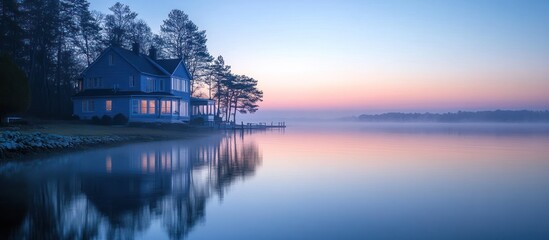 Fototapeta premium A serene waterfront home with a foggy morning sunrise.