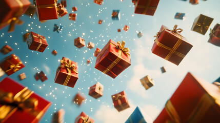 A low angle shot of christmas gifts and presents flying on the sky everywhere, warm lighting, blank background