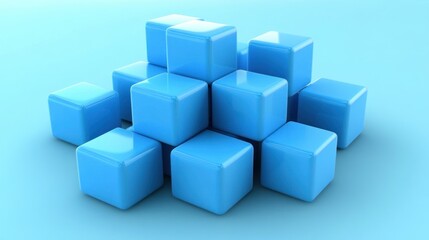 Obraz premium Abstract Blue Cubes Arrangement: A 3D Render of Stacked Cubes on a Light Blue Background