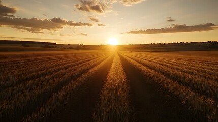 Fototapeta premium Golden sunrise over expansive fields rural landscape aerial view tranquil environment nature concept