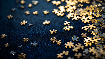 Fototapeta premium A pile of puzzle pieces on a dark blue surface. The puzzle pieces are gold and silver, and they are scattered all over the surface. Concept of mystery and intrigue