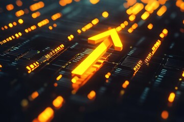 Obraz premium A 3D illustration of a bright yellow arrow pointing upward, emerging from a grid of dark black arrows, with a futuristic digital stock market aesthetic.