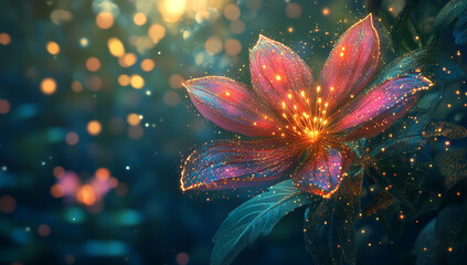 A fanciful flower with pink and red petals and glowing lights in the background