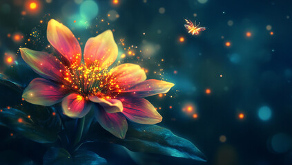 Fototapeta premium A fanciful flower with pink and red petals and glowing lights in the background