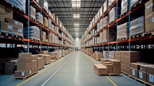 Rows of metal shelves in a warehouse, filled with boxes ready for shipping. The setup shows efficient distribution and logistics, ensuring timely delivery