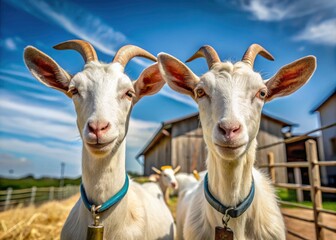 Dairy Farm Goats: Summer Day Portrait - High Depth of Field, White & Beige Goats, Blue Collars