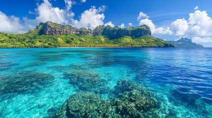 Fototapeta premium Pristine Coral Reef Waters Under Bright Blue Sky and Vibrant Landscape