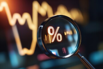 A close-up of a magnifying glass focused on a percentage sign, with a financial analysis graph in the background illustrating rising and falling market trends.