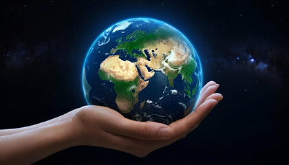 Two hands holding a glowing, transparent Earth globe with continents illuminated, against a dark background