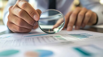 Businessman is carefully examining financial documents with a magnifying glass, highlighting the importance of thorough analysis in business. Audit and taxes