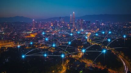 Smart digital city with connection cyber security network reciprocity over the cityscape . future smart wireless digital city and social media networking systems that connects people within the city