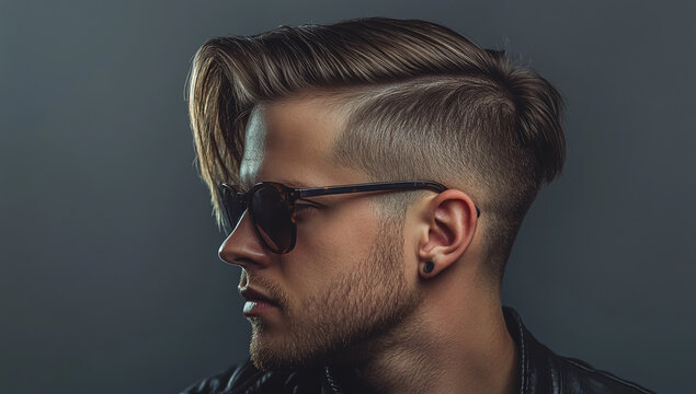 A photo of a man with a sharp side-part fade, shows off his stylish and modern look