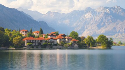 Naklejka premium Quaint Village with Red Roofed Houses by Calm Lake and Mountains