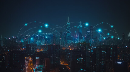 Fototapeta premium Smart digital city with connection cyber security network reciprocity over the cityscape . future smart wireless digital city and social media networking systems that connects people within the city