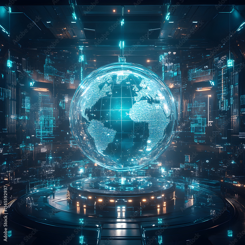 Wall mural a computer generated image of a globe with a city in the background. the globe is surrounded by a ri