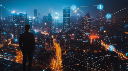Fototapeta premium Smart digital city with connection cyber security network reciprocity over the cityscape . future smart wireless digital city and social media networking systems that connects people within the city