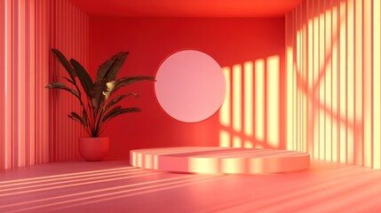 Minimalist Coral Room with Sunlit Podium and Tropical Plant