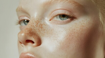 Fototapeta premium Close up of a face with freckles and light eyes