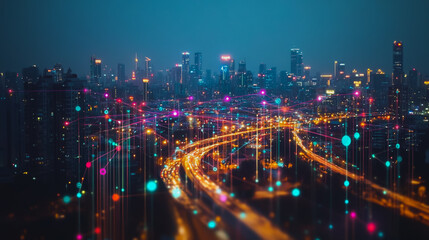 Smart digital city with connection cyber security network reciprocity over the cityscape . future smart wireless digital city and social media networking systems that connects people within the city